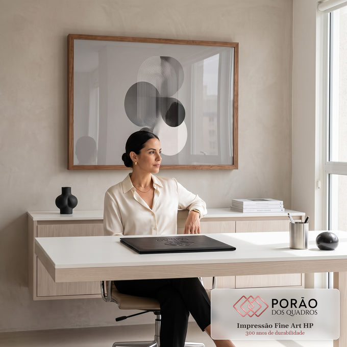 Quadro Decorativo Grande Composição para Sala Preto | quadros decorativos | círculos sobrepostos em preto, branco e cinza com padrão de linhas em arco | em ambiente 2 | Porao dos Quadros
