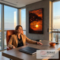 Quadro Decorativo Grande Balanço sob Árvore para Sala | quadros decorativos | balanço de madeira sob árvore com pôr do sol laranja intenso ao fundo | em ambiente 2 | Porao dos Quadros