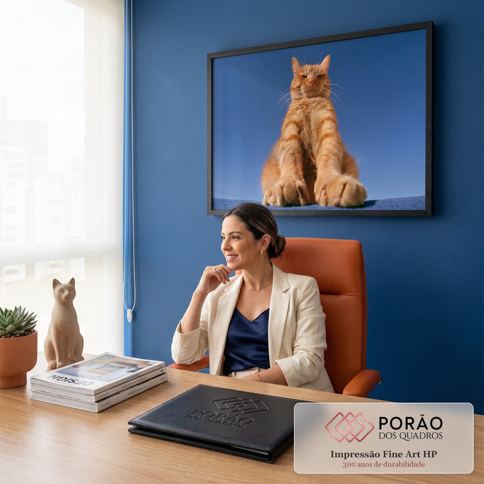 Quadro Decorativo Grande Gato Laranja para Sala Azul | quadros decorativos | gato laranja sentado com patas estendidas, ângulo baixo, fundo azul | em ambiente 2 | Porao dos Quadros
