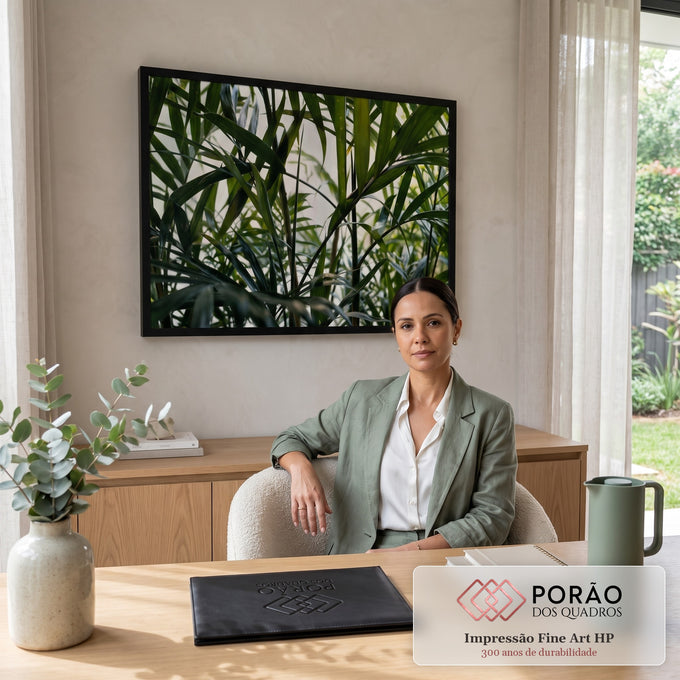 Folhas finas de palmeira verde em contraluz com fundo claro, fotografia botânica, quadro decorativo
