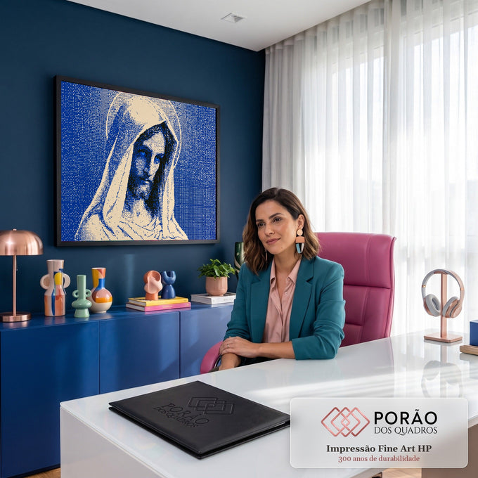 Quadro Decorativo Grande Nossa Senhora Pontilhismo para Sala | quadros decorativos | Nossa Senhora com véu e mãos em oração em efeito halftone azul e bege | em ambiente 2 | Porao dos Quadros
