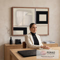 Quadro Decorativo Grande Abstrato Geométrico Bege para Sala | quadros decorativos para sala | composição abstrata com quadrados pretos vazados e linhas onduladas sobre fundo bege | em Quadros para Sala | Porao dos Quadros