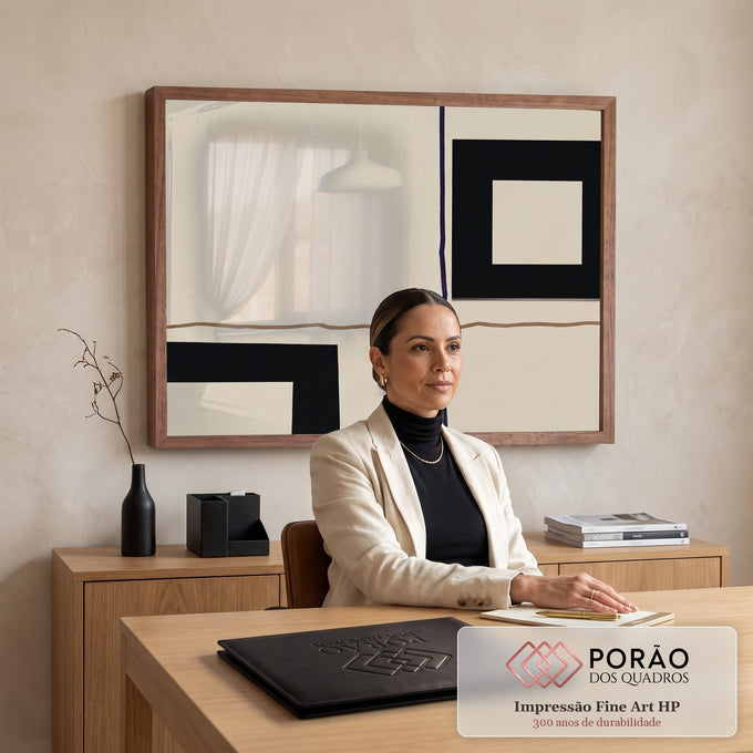 Quadro Decorativo Grande Abstrato Geométrico Bege para Sala | quadros decorativos para sala | composição abstrata com quadrados pretos vazados e linhas onduladas sobre fundo bege | em Quadros para Sala | Porao dos Quadros