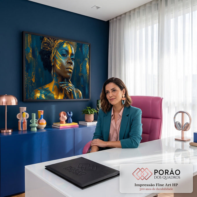 Mulher negra com pintura corporal dourada, toucado de ouro e mão no queixo em fundo azul, quadro decorativo