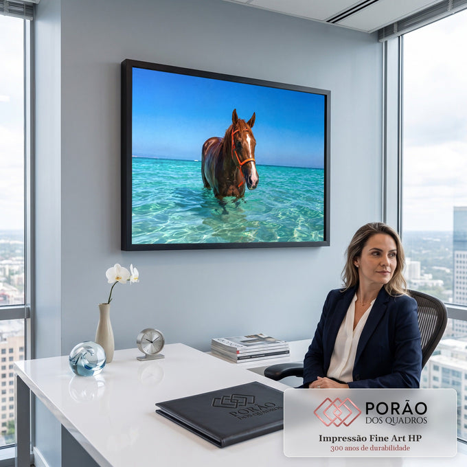 Cavalo alazão de cabresto laranja dentro do mar turquesa cristalino sob céu azul, quadro decorativo