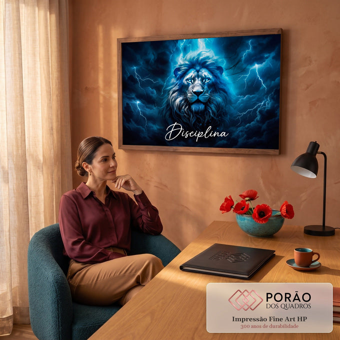 Quadro Decorativo Grande Leão com Raios para Escritório Azul | quadros decorativos | rosto de leão azul elétrico sob raios com a palavra Disciplina | em ambiente 2 | Porao dos Quadros