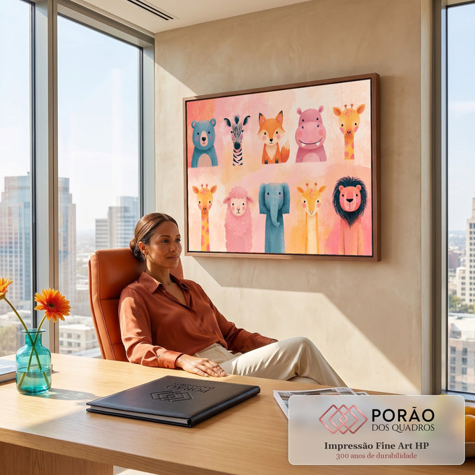 Quadro Decorativo Grande Bichinhos para Quarto de Bebê | quadros decorativos | coleção de bichinhos fofos em aquarela pastel com urso, raposa, girafa e leão | em ambiente 2 | Porao dos Quadros