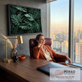 Folhas de costela-de-adão e samambaias verdes sobre fundo escuro, selva tropical, quadro decorativo