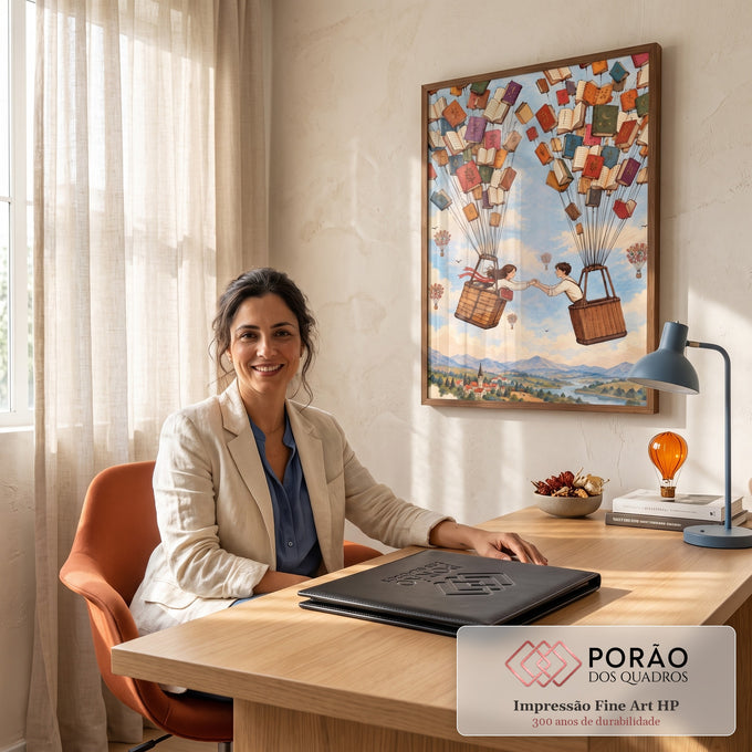 Quadro Decorativo Grande Casal e Balões de Livros para Sala | quadros decorativos | casal se dando as mãos entre balões feitos de livros coloridos sobre paisagem | em ambiente 2 | Porao dos Quadros