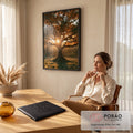 Quadro Decorativo Árvore Dourada ao Pôr do Sol | quadros decorativos | árvore de folhas douradas em contraluz com o sol atrás do tronco ao entardecer | em Quadros para Quarto | Porao dos Quadros