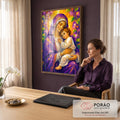 Nossa Senhora abraçando o Menino Jesus em estilo geométrico roxo com auréola dourada, quadro decorativo