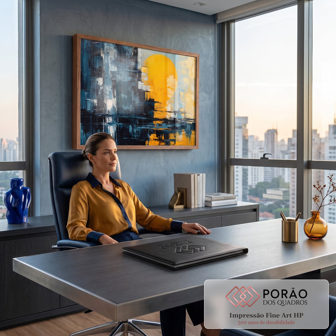 Quadro Decorativo Grande Sol Laranja para Sala Azul | quadros decorativos | sol laranja abstrato sobre skyline azul escuro com reflexo na água | em ambiente 2 | Porao dos Quadros