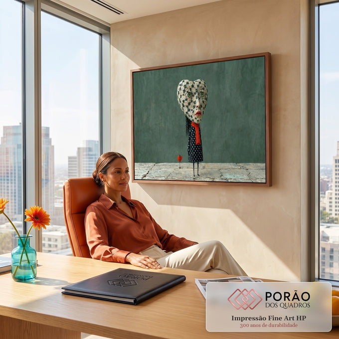 Menina surreal com cabeça de coração xadrez, cachecol vermelho e vestido de poá em fundo verde, quadro decorativo