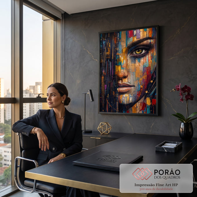 Rosto de mulher de olho verde em espátula dourada e azul com cidade noturna, quadro decorativo