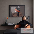 Quadro Decorativo Grande Máscaras Listradas para Sala | quadros decorativos | duas figuras com rosto pintado, óculos de coração laranja e máscara listrada preto e branco | em ambiente 2 | Porao dos Quadros