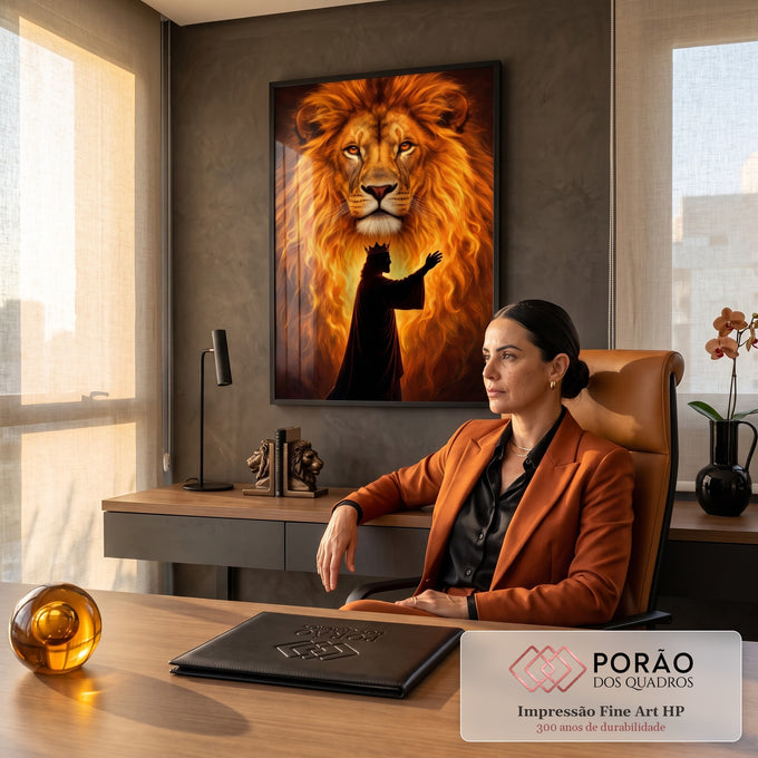 Quadro Decorativo Grande Leão Dourado para Sala Laranja | quadros decorativos | leão com juba dourada e silhueta de rei coroado em tons de fogo | em ambiente 2 | Porao dos Quadros