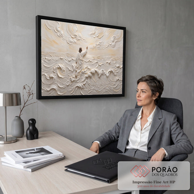 Jesus de manto branco caminhando sobre ondas em relevo branco e bege sob nuvens, quadro decorativo