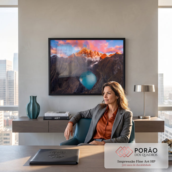 Quadro Decorativo Grande Lago Turquesa para Sala Azul | quadros decorativos | montanha nevada dourada ao pôr do sol com lago turquesa no vale | em ambiente 2 | Porao dos Quadros