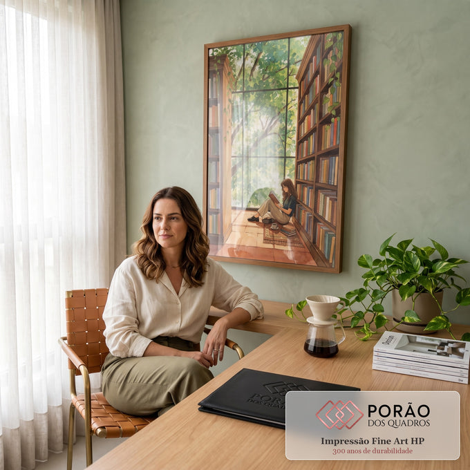 Quadro Decorativo Grande Mulher Lendo para Sala Verde | quadros decorativos | mulher sentada lendo livro entre estantes com janela de folhas verdes em aquarela | em ambiente 2 | Porao dos Quadros