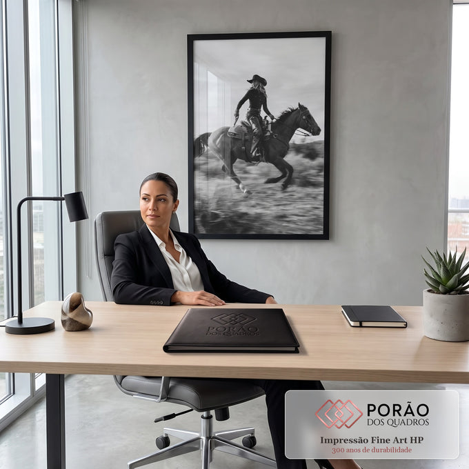 Cowgirl de chapéu galopando cavalo escuro no campo, foto preto e branco com movimento, quadro decorativo