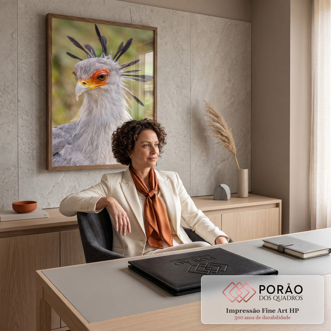 Retrato em close de ave secretária cinza com crista de penas pretas e face laranja, quadro decorativo