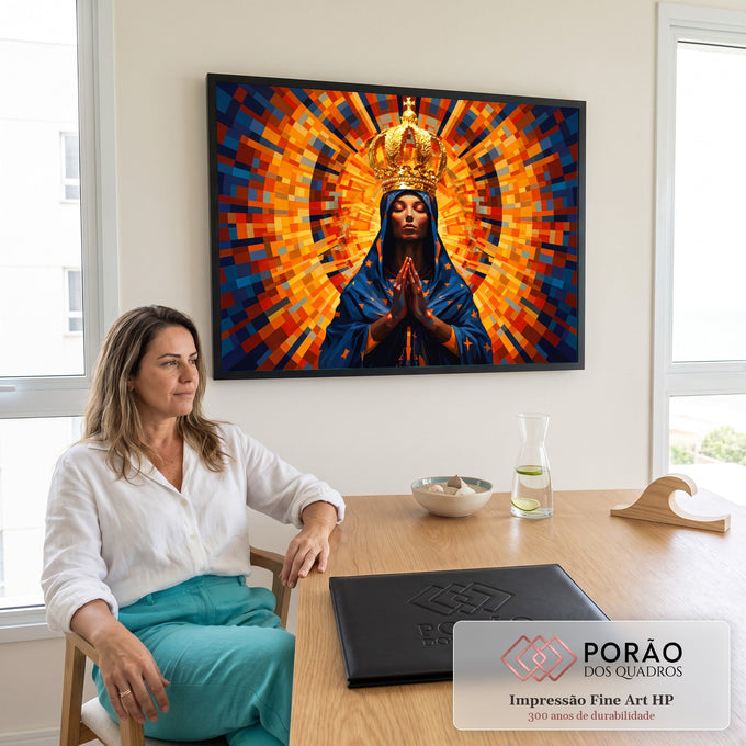 Nossa Senhora Aparecida coroada em oração, manto azul estrelado e mosaico laranja radiante, quadro decorativo