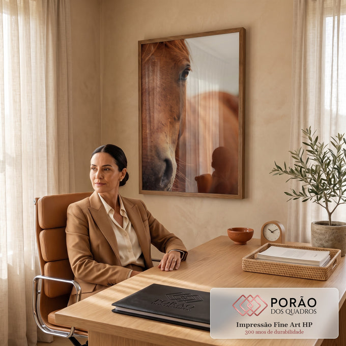 Close fotográfico do rosto de cavalo castanho com olho escuro e focinho em destaque, quadro decorativo