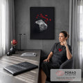 Flores vermelhas espinhosas brotando de rocha cinza sobre fundo preto, quadro decorativo