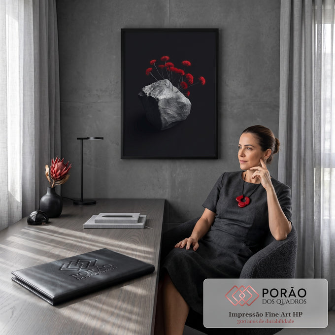 Flores vermelhas espinhosas brotando de rocha cinza sobre fundo preto, quadro decorativo
