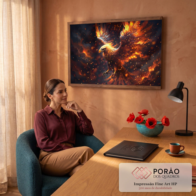 Quadro Decorativo Grande Ave em Chamas para Sala Laranja | quadros decorativos | águia em chamas com asas abertas em tons de laranja e dourado sobre fundo escuro | em ambiente 2 | Porao dos Quadros
