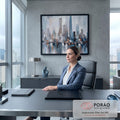 Quadro Decorativo Grande Skyline Urbano para Sala Cinza | quadros decorativos | skyline urbano abstrato em cinza e azul com ponte e reflexo na água | em ambiente 2 | Porao dos Quadros
