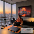 Quadro Decorativo Grande Sol Gigante Laranja para Sala | quadros decorativos | sol laranja gigante sobre montanhas nevadas com icebergs refletidos no mar | em ambiente 2 | Porao dos Quadros