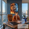 Quadro Decorativo Grande Leão Rosnando para Sala Laranja | quadros decorativos | leão rosnando com juba metade fogo dourado e metade gelo azul | em ambiente 2 | Porao dos Quadros