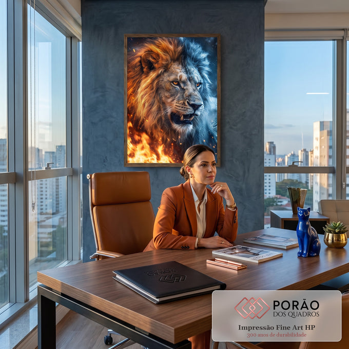 Quadro Decorativo Grande Leão Rosnando para Sala Laranja | quadros decorativos | leão rosnando com juba metade fogo dourado e metade gelo azul | em ambiente 2 | Porao dos Quadros