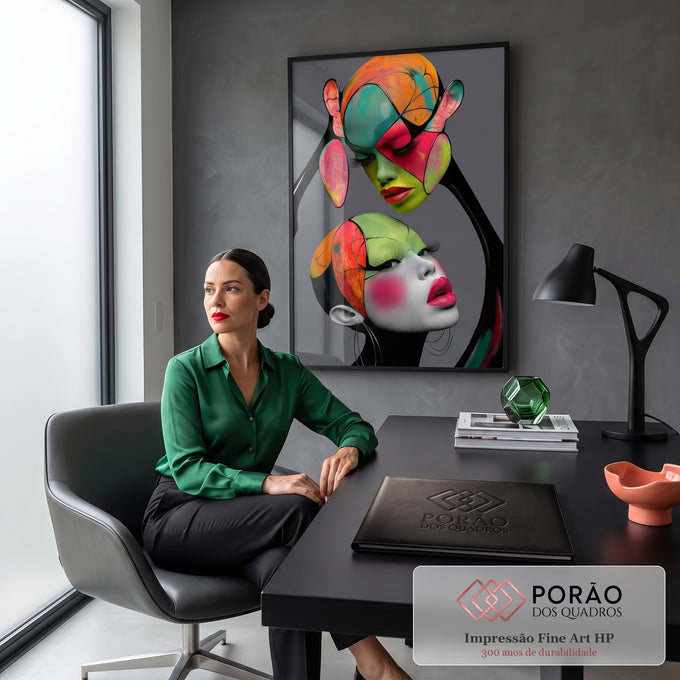 Duas mulheres pop art com rostos pintados em laranja, verde e rosa sobre fundo cinza, quadro decorativo
