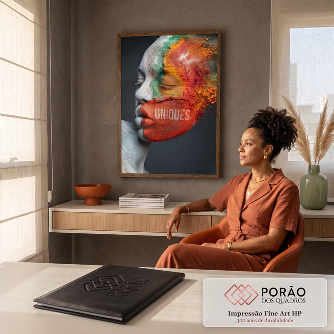 Rosto de mulher de perfil com olhos fechados e pó colorido laranja e verde se dispersando, quadro decorativo