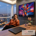 Árvore surreal com galhos em vitral de céus, pôr do sol, lua e cerejeiras em roxo, quadro decorativo