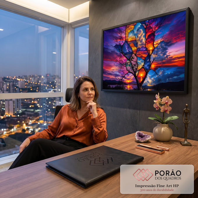 Árvore surreal com galhos em vitral de céus, pôr do sol, lua e cerejeiras em roxo, quadro decorativo