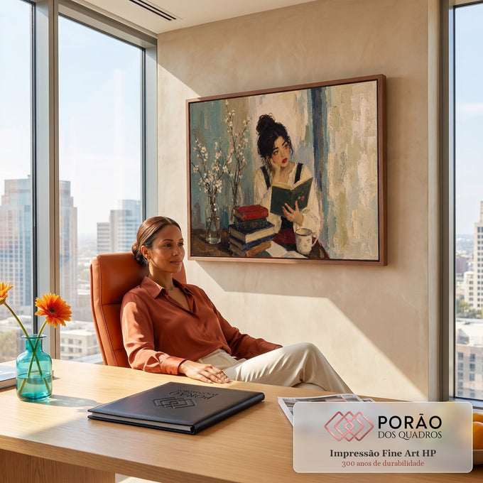 Quadro Decorativo Grande Mulher Lendo Flores para Sala Bege | quadros decorativos | mulher lendo livro cercada de livros empilhados e flores brancas em estilo impressionista | em ambiente 2 | Porao dos Quadros