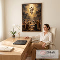 Quadro Decorativo Grande Ascensão de Jesus para Sala Dourado | quadros decorativos | Jesus Cristo ascendendo ao céu entre raios dourados, com apóstolos olhando de baixo | em ambiente 2 | Porao dos Quadros