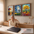 Quadro Decorativo Kit 3 Telas Árvores e Noite para Sala | quadros decorativos | tríptico de árvores coloridas, céu estrelado e dente-de-leão em estilo impressionista | em ambiente 2 | Porao dos Quadros