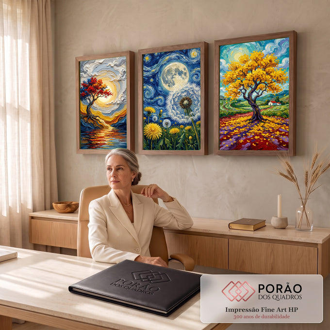 Quadro Decorativo Kit 3 Telas Árvores e Noite para Sala | quadros decorativos | tríptico de árvores coloridas, céu estrelado e dente-de-leão em estilo impressionista | em ambiente 2 | Porao dos Quadros