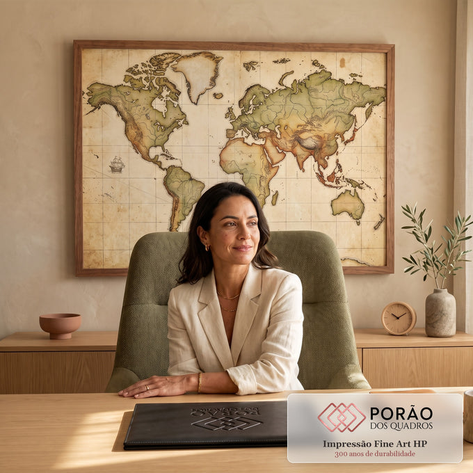 Quadro Decorativo Grande Mapa Mundi para Escritório Bege | quadros decorativos | mapa-múndi antigo em tons sépia com rosa dos ventos e veleiro ilustrado | em ambiente 2 | Porao dos Quadros