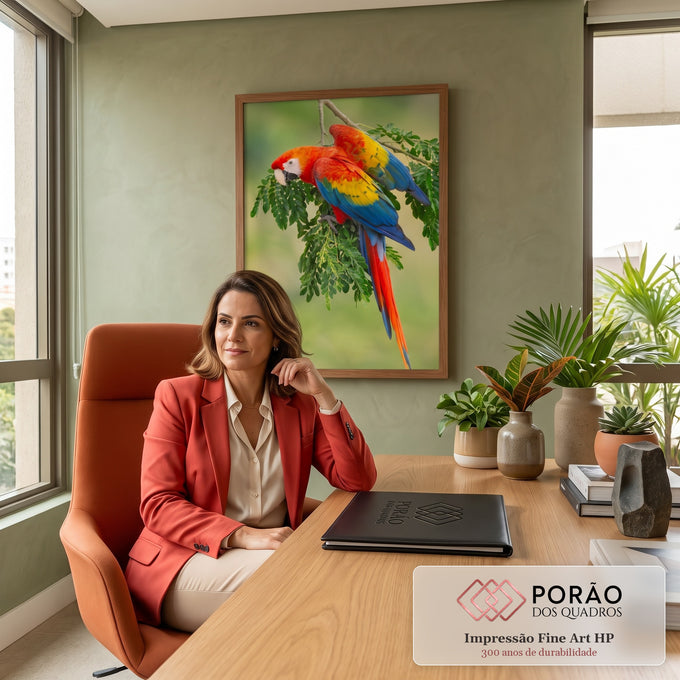 Arara-vermelha de penas vermelhas, amarelas e azuis pendurada em galho com folhas verdes, quadro decorativo