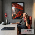 Quadro Decorativo Buda de Pedra com Véu Vermelho ao Vento | quadros decorativos | estátua de Buda em pedra com véu vermelho voando ao vento sobre montanhas | em Quadros para Escritorio | Porao dos Quadros