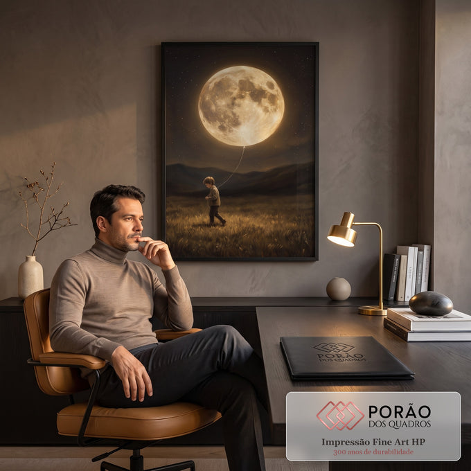 Menino caminhando em campo segurando a lua cheia como balão sob céu estrelado, quadro decorativo
