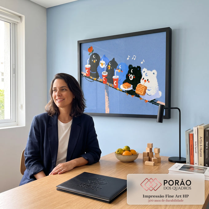 Quadro Decorativo Bichinhos Fofos no Fio Comendo Waffle | quadros decorativos | pássaros e ursinhos fofos sentados em fio comendo waffle e tomando refrigerante | em Quadros para Quarto | Porao dos Quadros