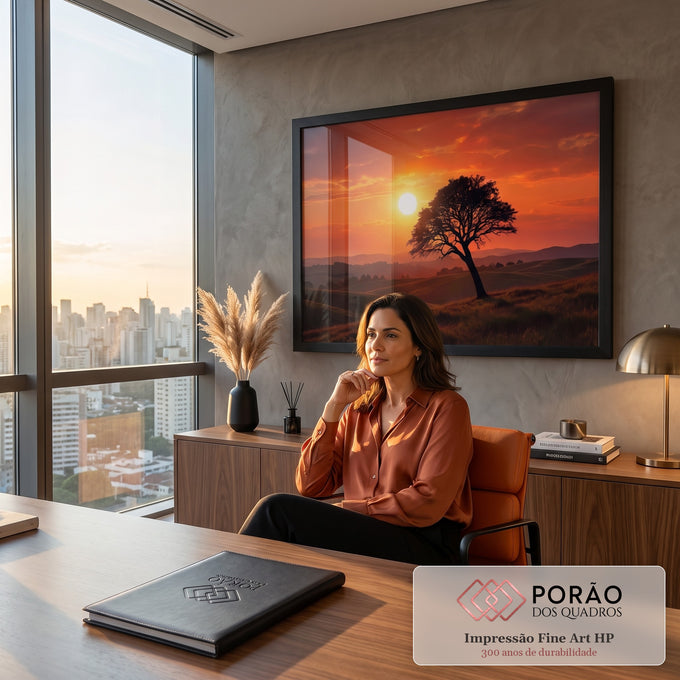 Quadro Decorativo Grande Árvore Solitária Colinas para Sala | quadros decorativos | árvore solitária em silhueta contra um pôr do sol laranja intenso em colinas | em ambiente 2 | Porao dos Quadros