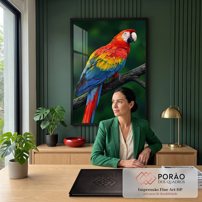 Arara vermelha com asas azuis e amarelas pousada em galho sobre fundo verde, quadro decorativo