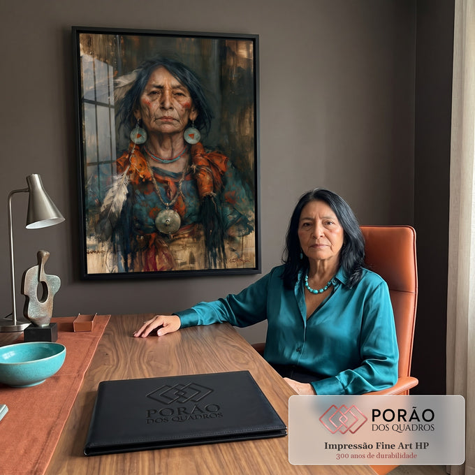 Quadro Decorativo Retrato de Mulher Indígena com Penas | quadros decorativos | retrato pintado de mulher indígena idosa com penas, brincos turquesa e medalhão prateado | em Quadros para Escritorio | Porao dos Quadros